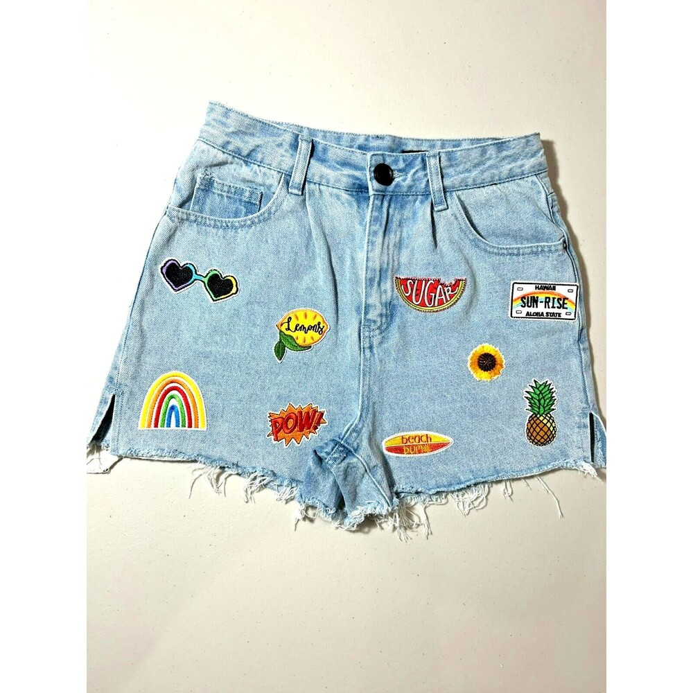 Women Blue Denim Jean Shorts Reworked Patched Cut Off  Relaxed Mid Rise Size 6